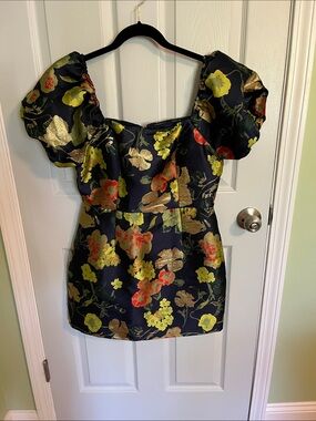 Lulu's Navy Floral Puff-Sleeve Mini Dress with Gold Accents